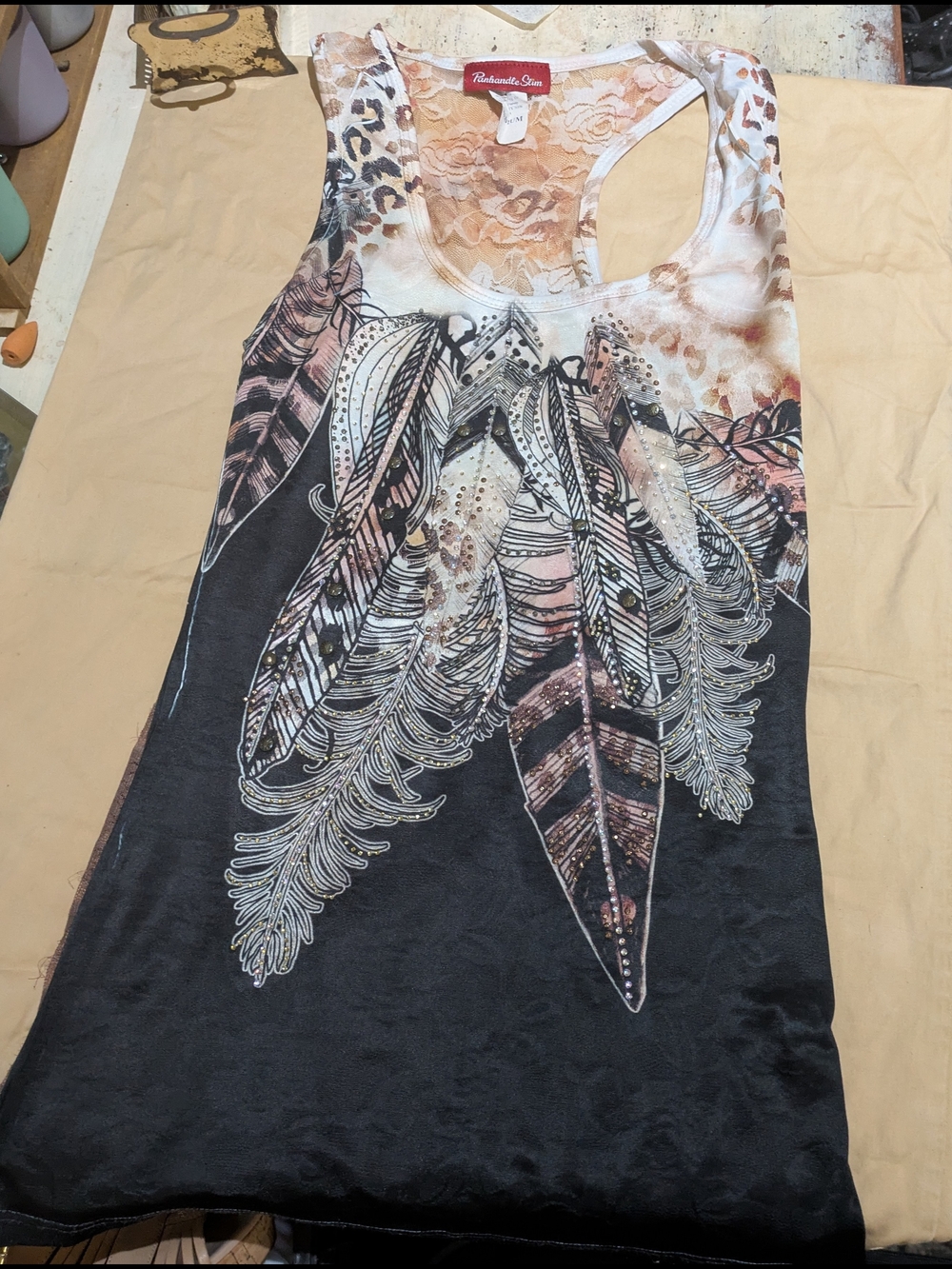 Panhandle Slim Black and Pink Feather Racerback Tank